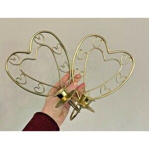 Set of Two Vintage Heart Wall Candle Holder Sconces Gold Tone Metal Used